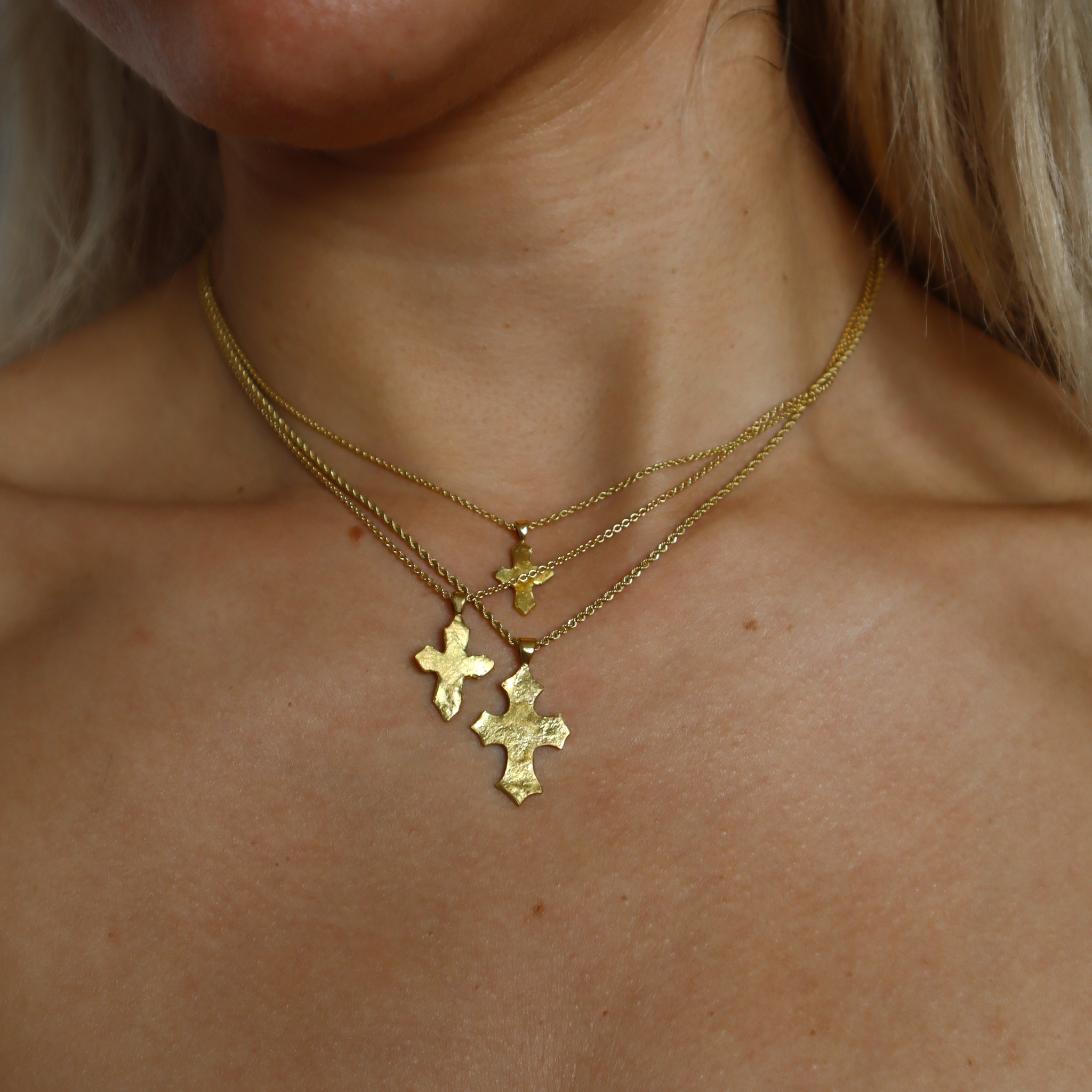22k Gold Organic Medium Cross Necklace layered