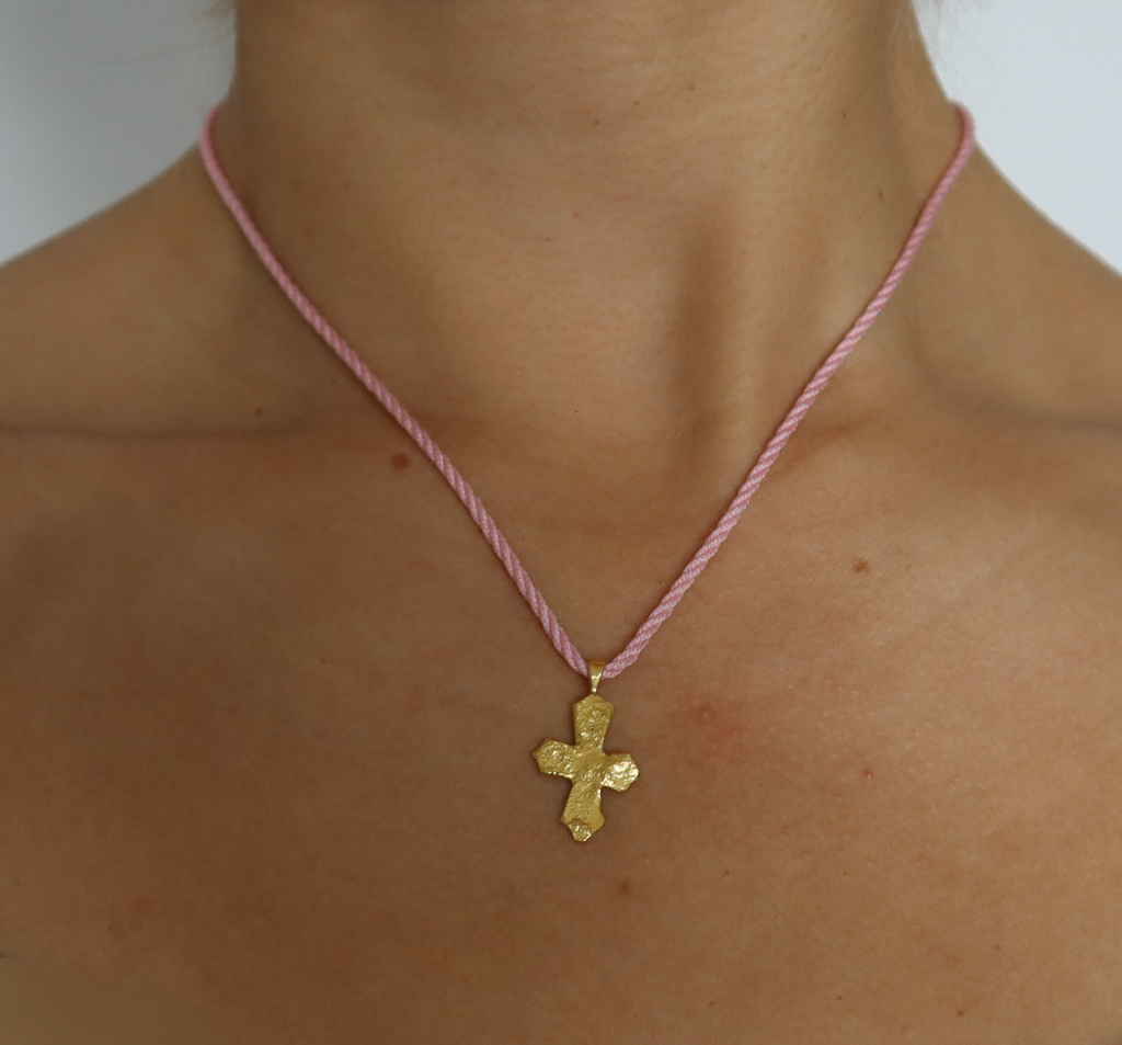 22k Organic Gold Cross Pink Silk Necklace worn