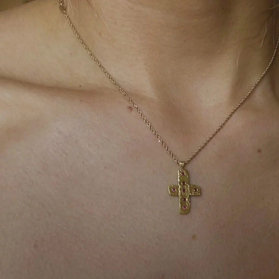 22k Gold and Ruby Water to Wine Cross Necklace handcrafted in New York City by Nelly Creative Studios