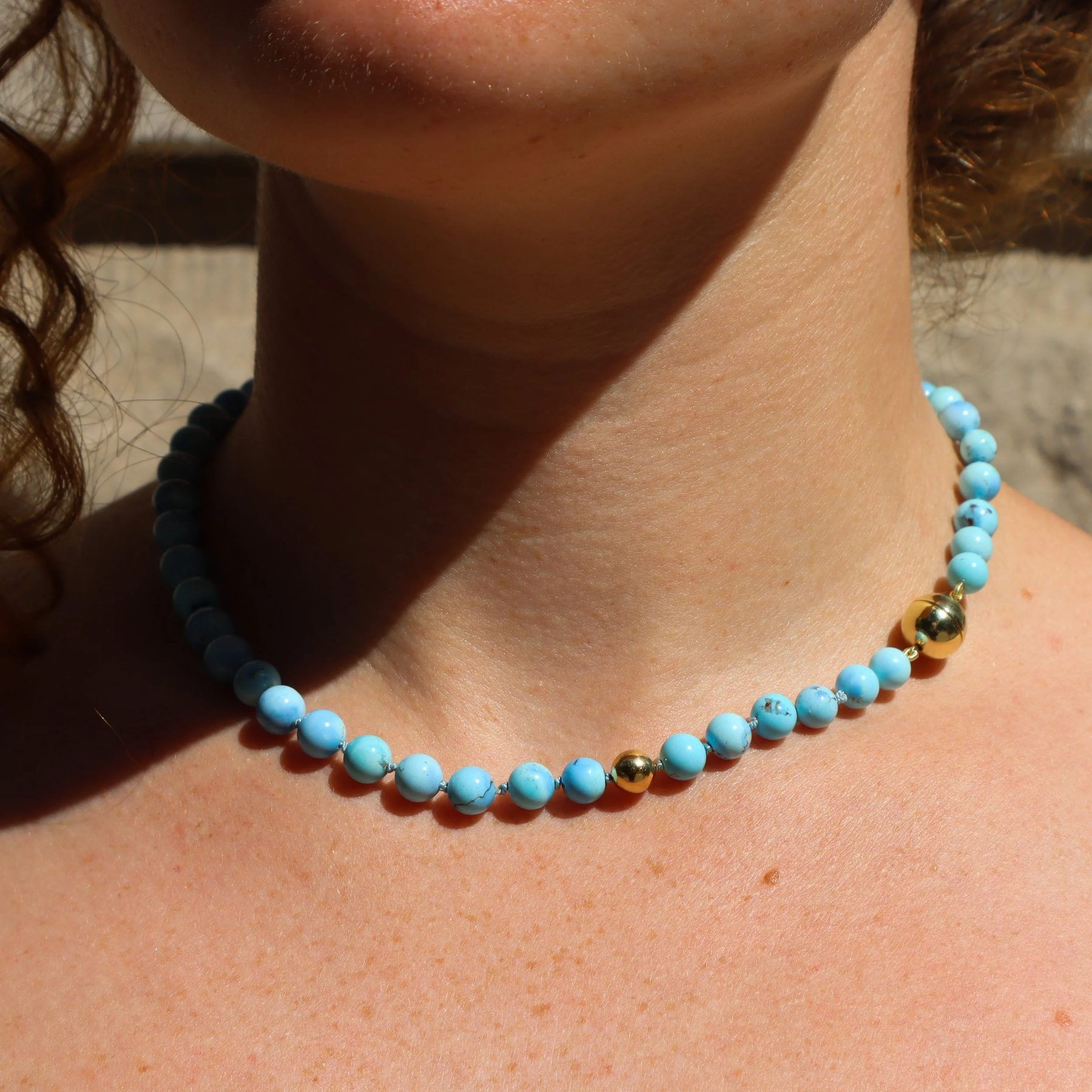 Kazakhstan Turquoise Bead Gold Screw Clasp Necklace with rare natural turquoise handcrafted in New York City