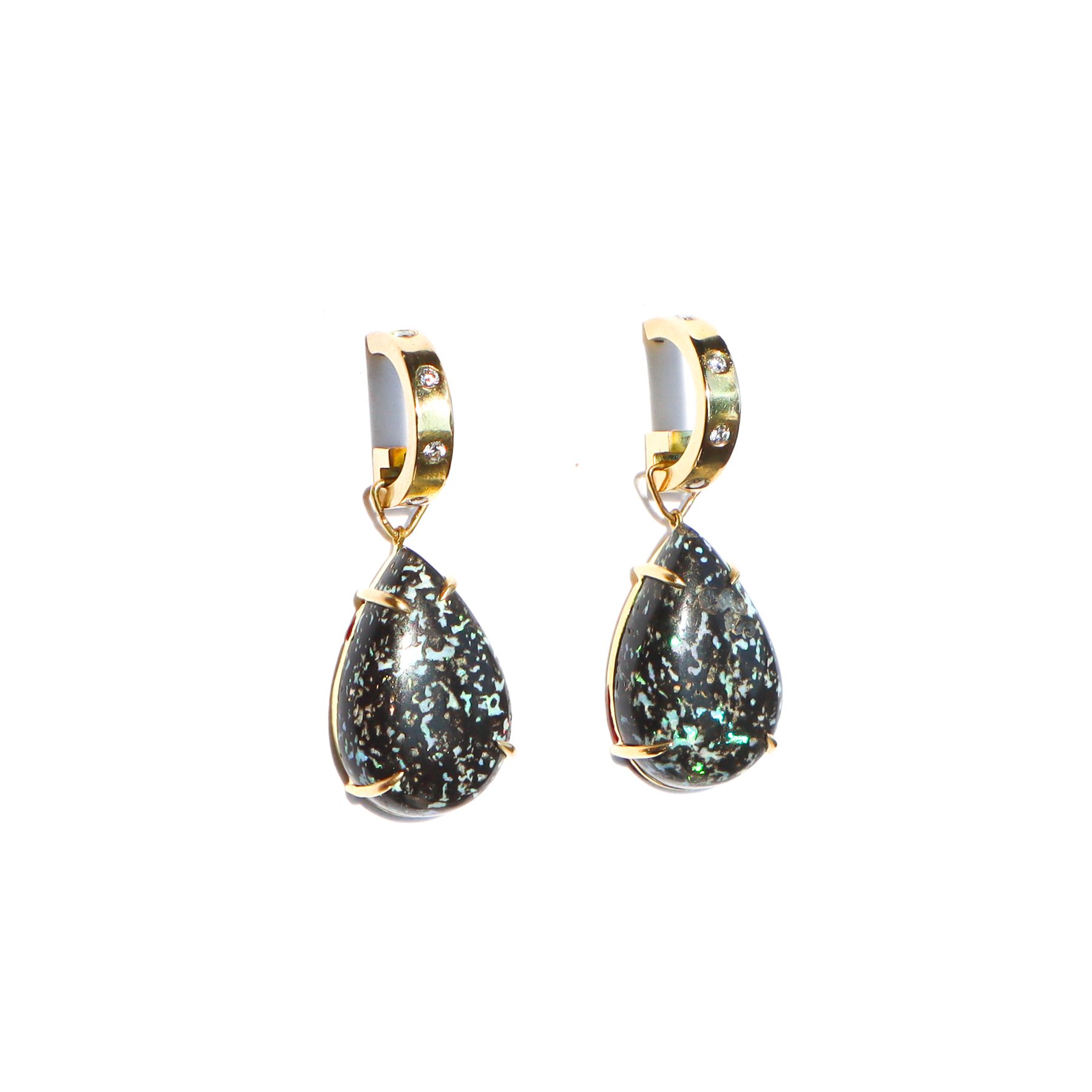 Mexican Leopard Opal Diamond Gold Huggie Earrings with natural leopard opal in 18 karat gold by Nelly Creative Studios