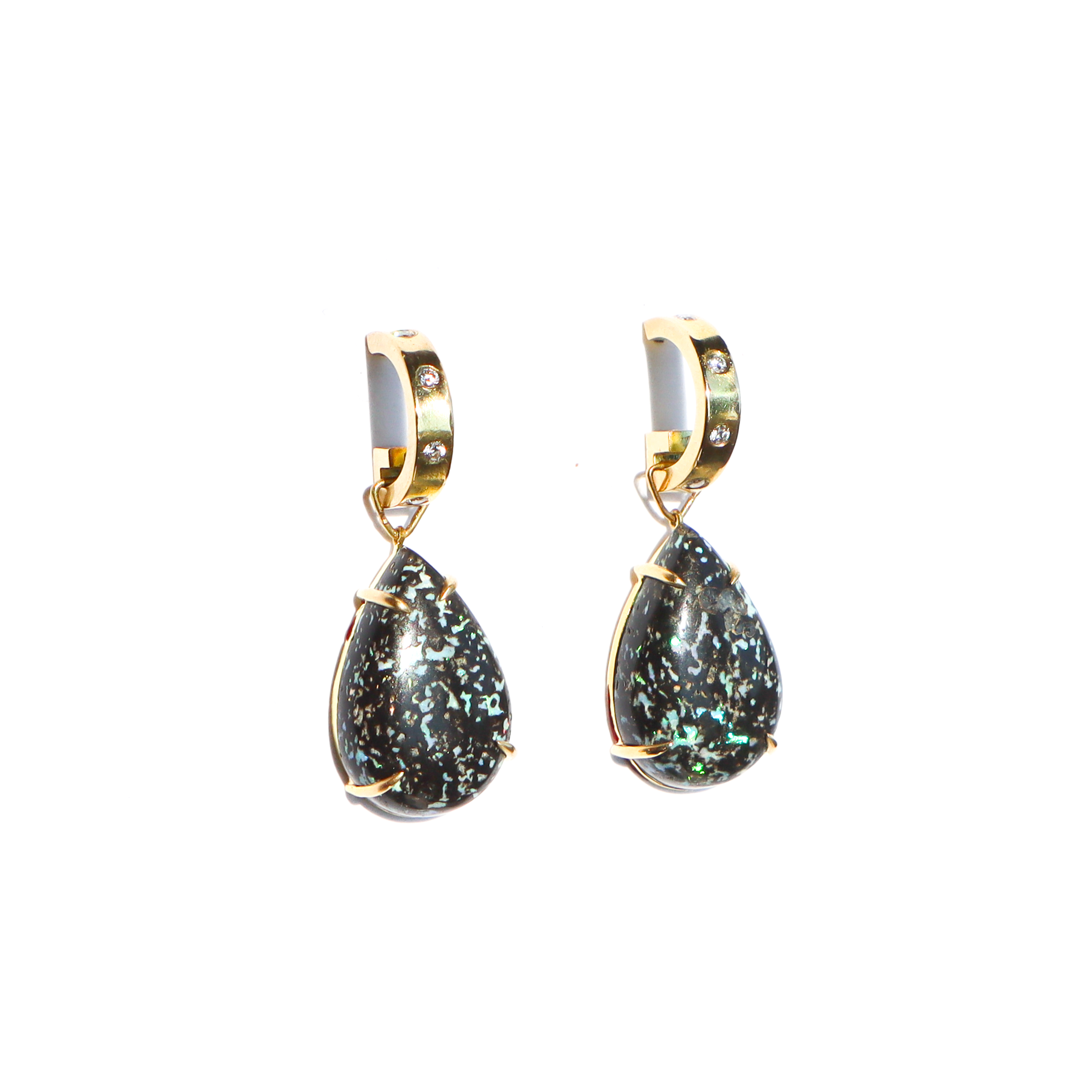 Mexican Leopard Opal Diamond Gold Huggie Earrings with natural leopard opal in 18 karat gold by Nelly Creative Studios