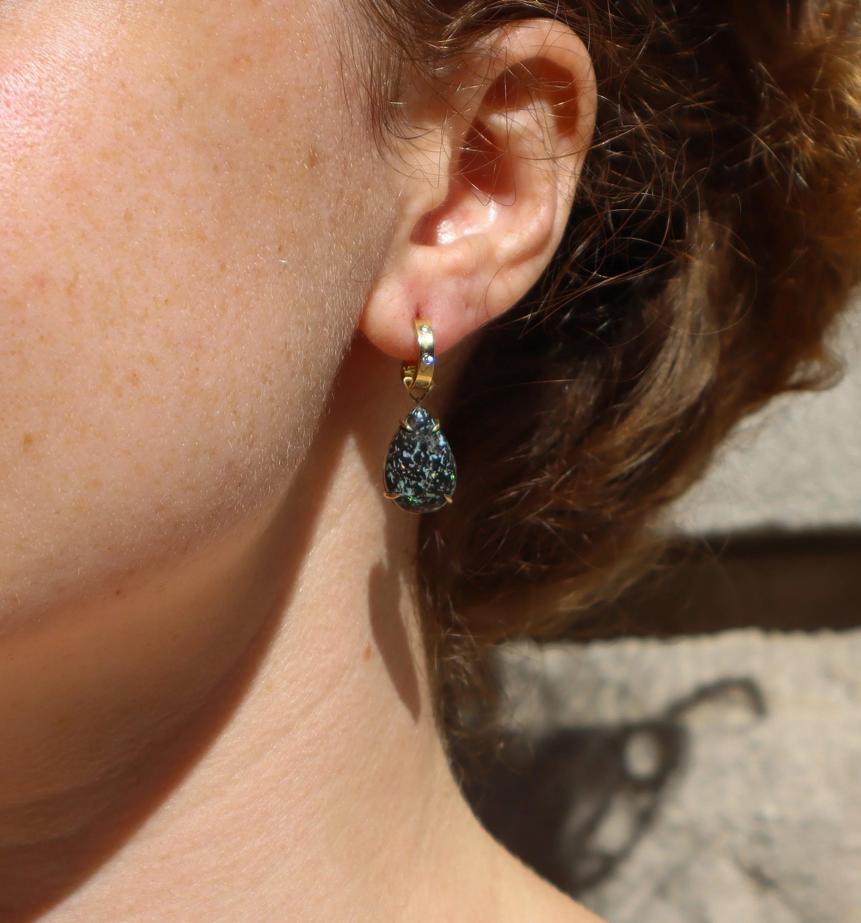 Mexican Leopard Opal Diamond Gold Huggie Earrings with natural leopard opal in 18 karat gold by Nelly Creative Studios