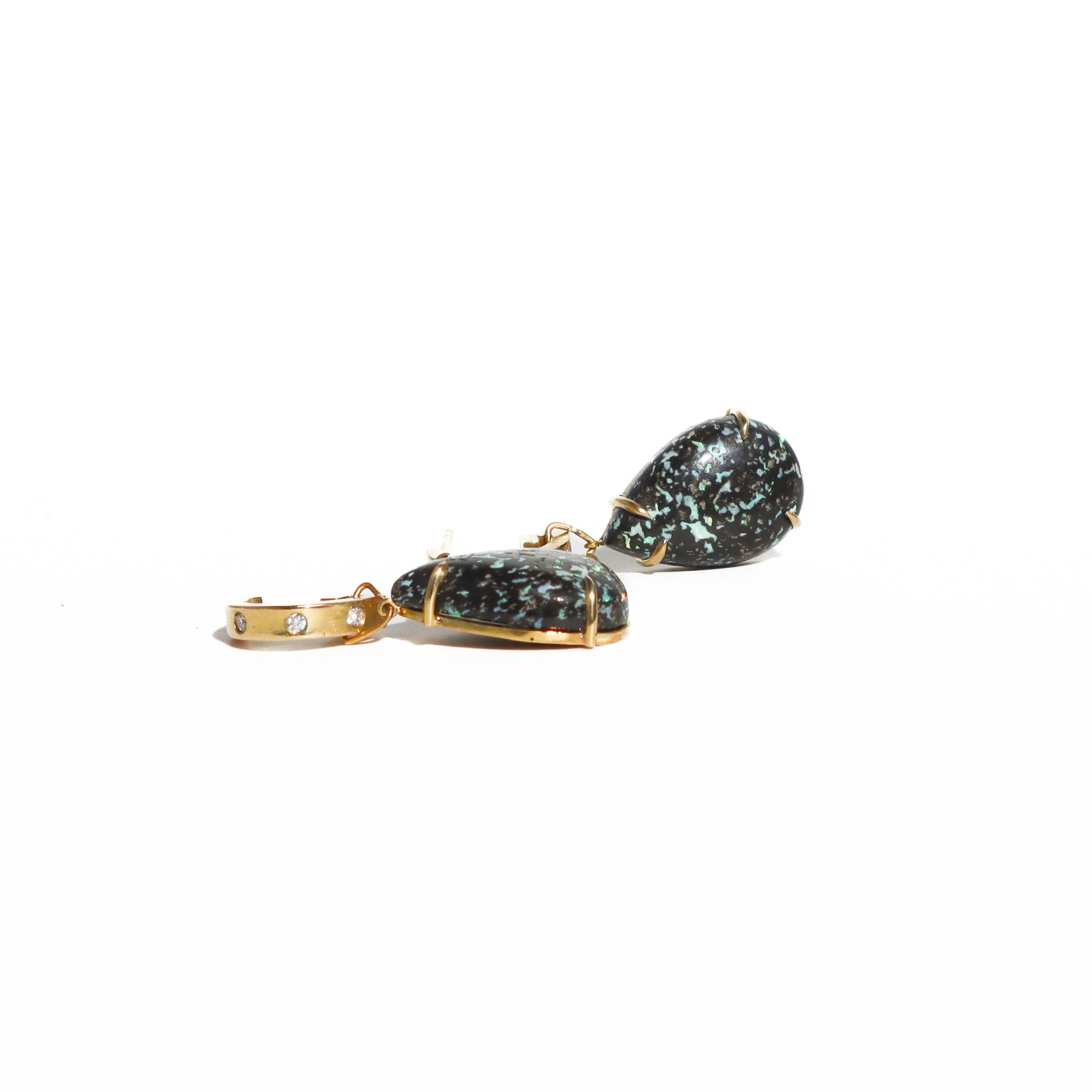 Mexican Leopard Opal and Diamond Gold Huggies
