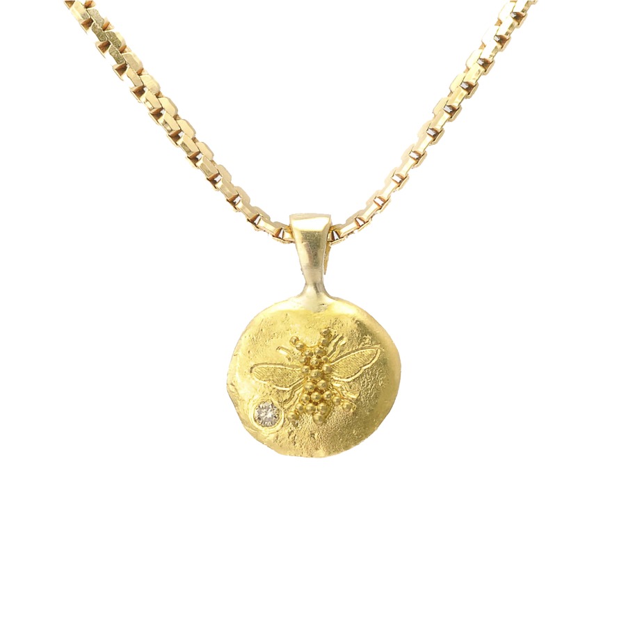 Gold Bee Necklace featuring Granulation and a Yellow Diamond by Nelly Creative Studios