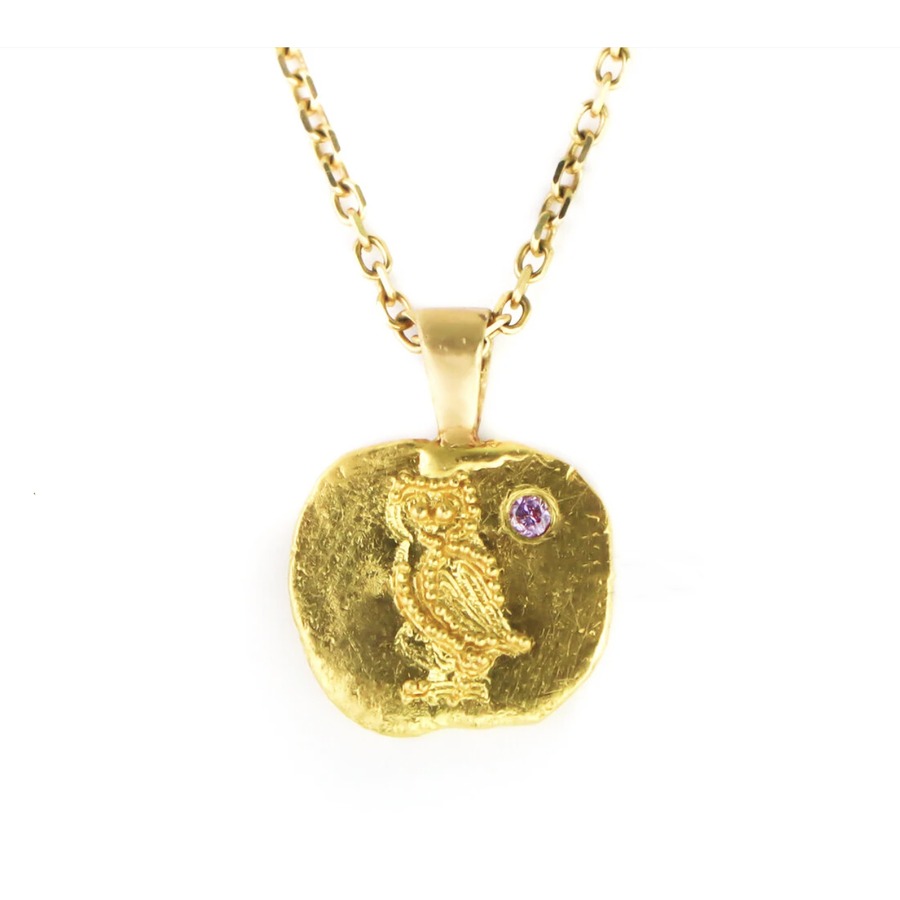 Gold Owl Necklace featuring Granulation and a Pink Diamond by Nelly Creative Studios