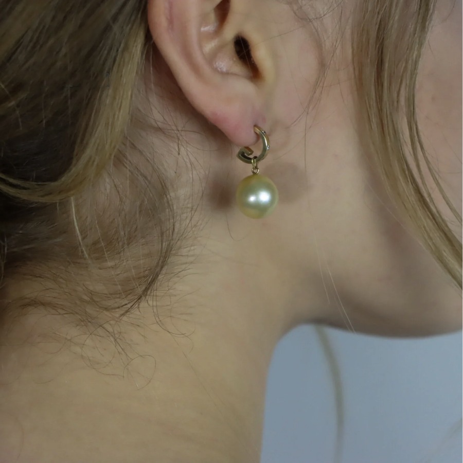 Golden South Sea Pearl Diamond Gold Huggies by Nelly Creative Studios