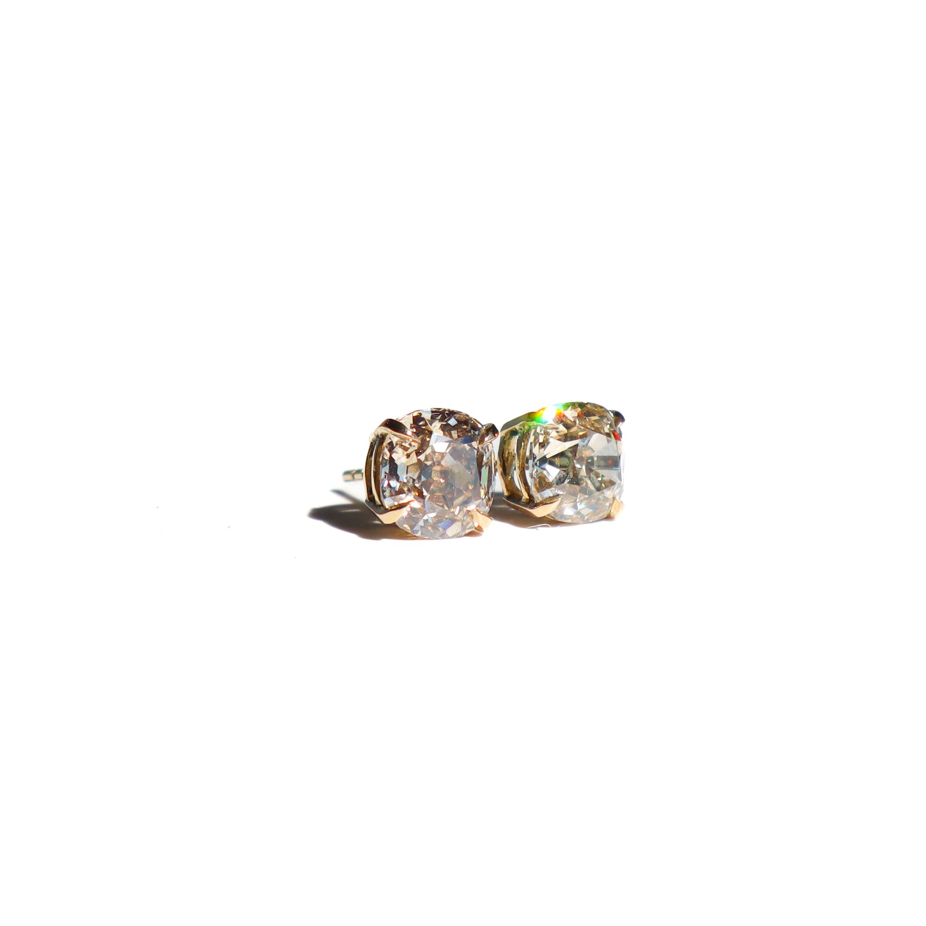 Classic Old Mine Cushion Cut Champagne 2-Carat Diamond Earrings by Nelly Creative Studios