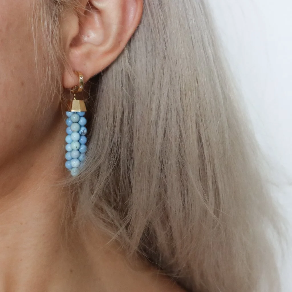 Kazakhstan Turquoise Gold Tassel Diamond Huggie Earrings NYC fine jewelry